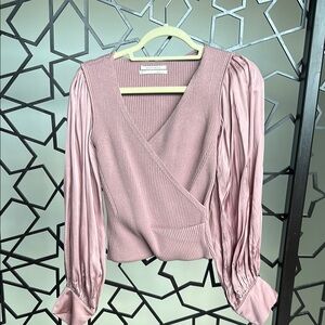 Anthropologie Pink Wrap Blouse with Puff Sleeves